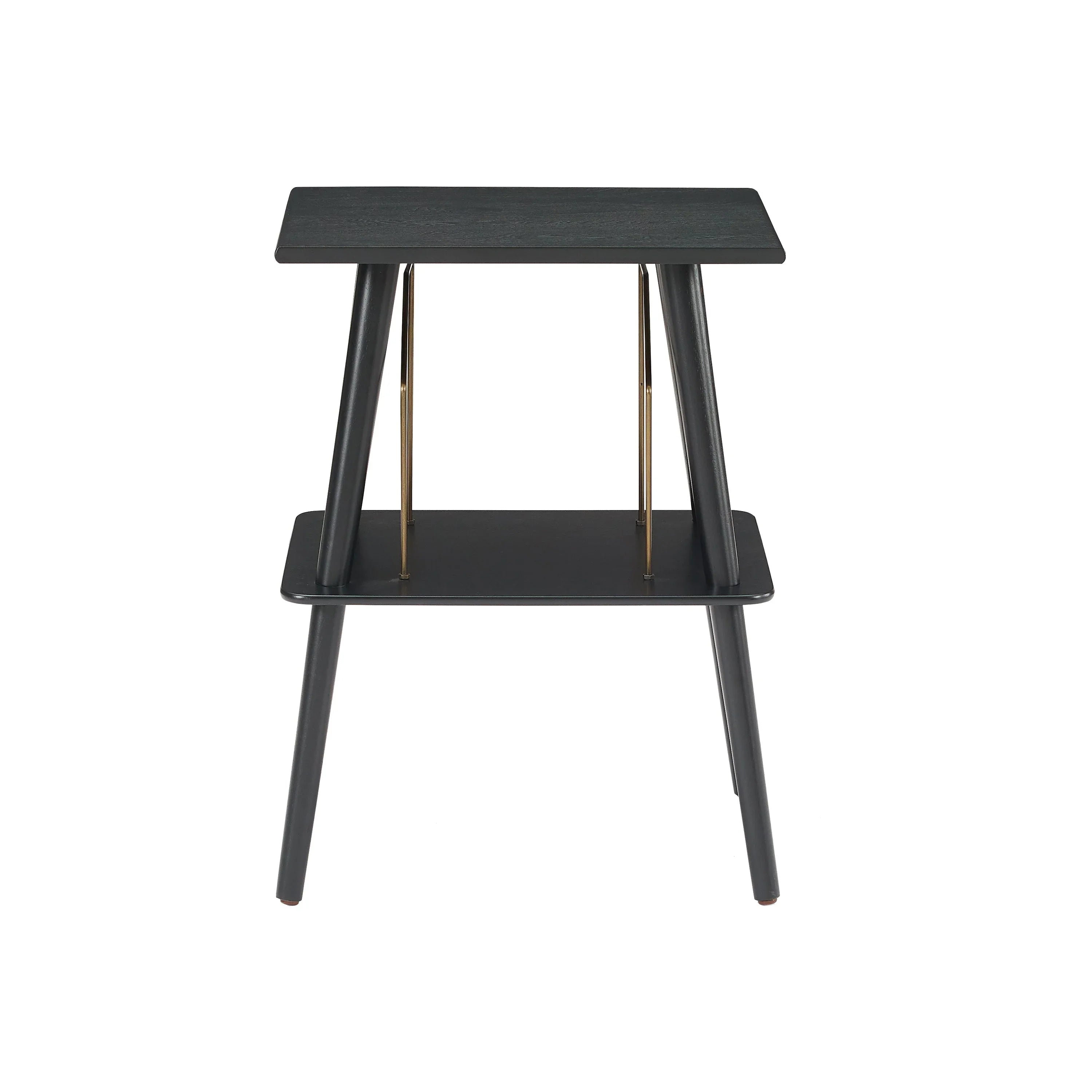 Black wooden mid-century modern side table with angled legs and gold accents