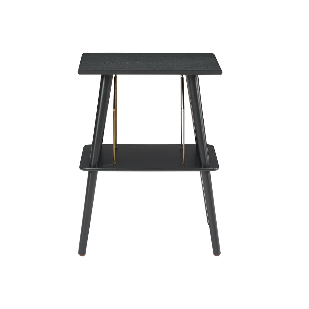 Black wooden mid-century modern side table with angled legs and gold accents