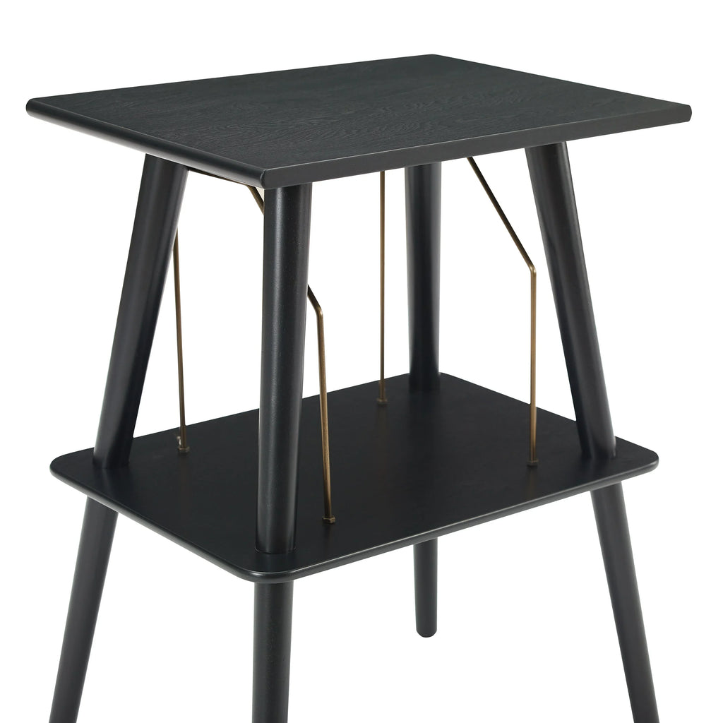 Modern black wood side table with angled legs and lower shelf, minimalist furniture design