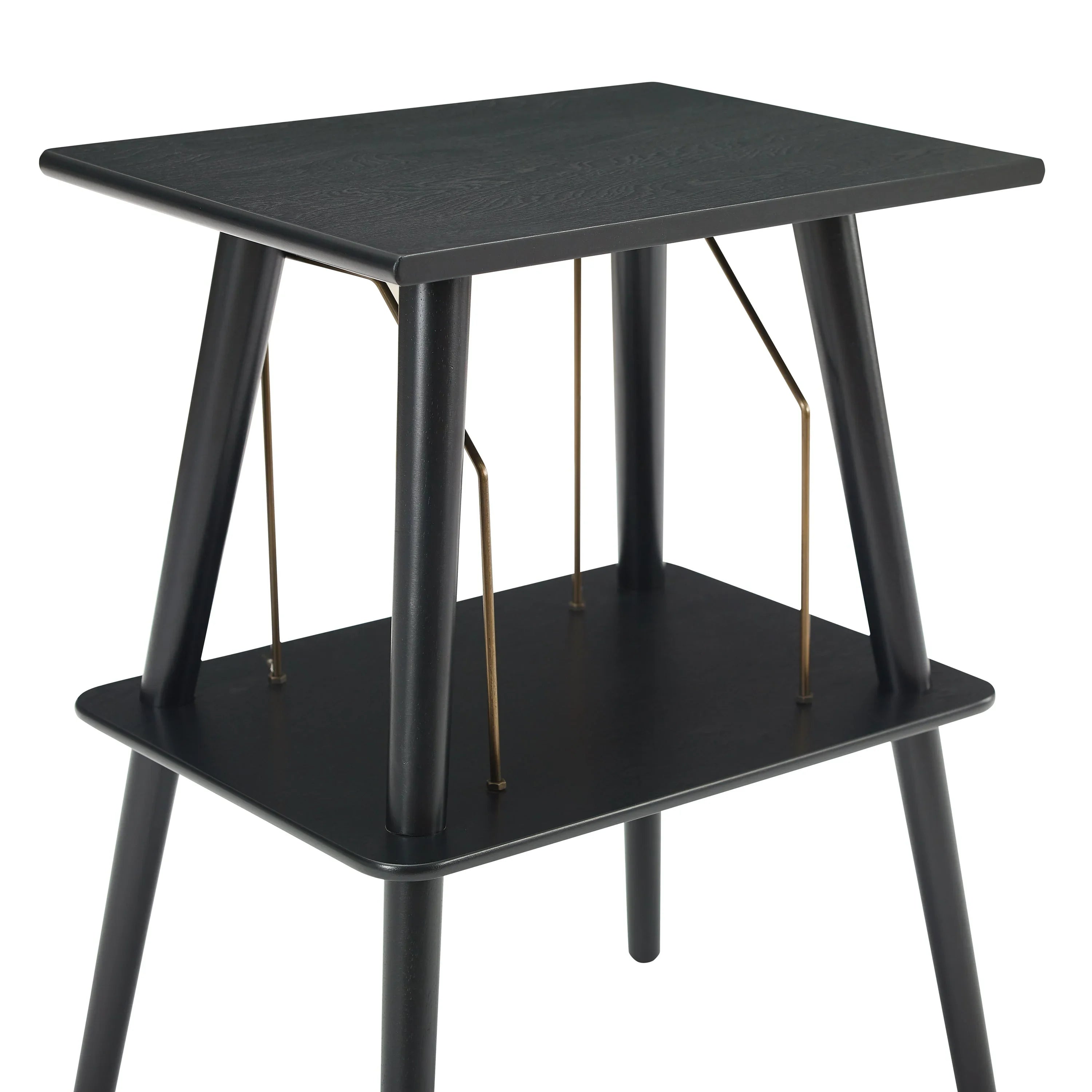 Modern black wood side table with angled legs and lower shelf, minimalist furniture design