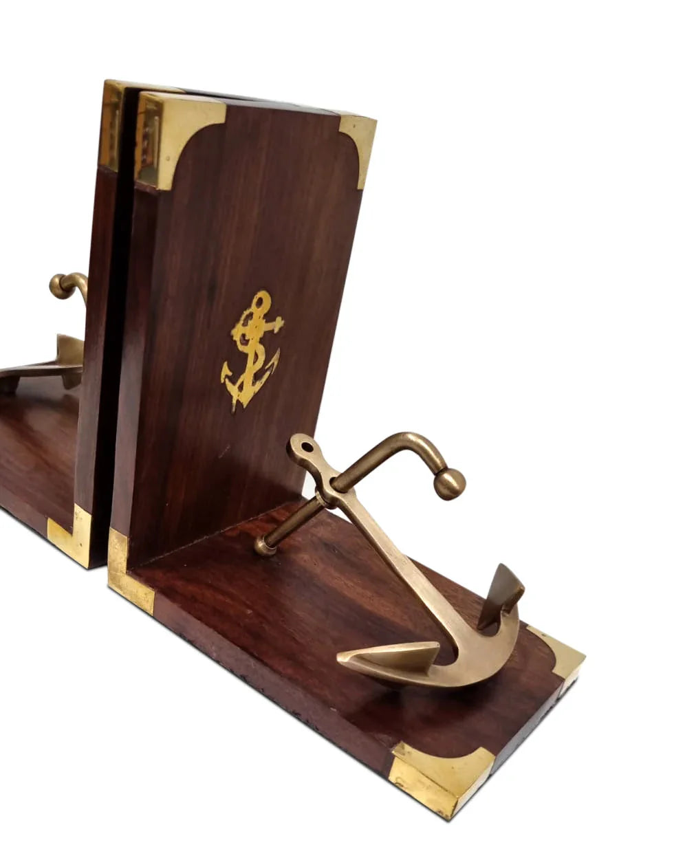 Nautical wooden bookends with brass anchors and anchor emblem, maritime decor