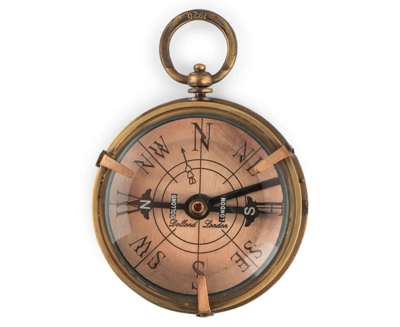 Vintage brass pocket compass with rose gold face and Dollond London branding