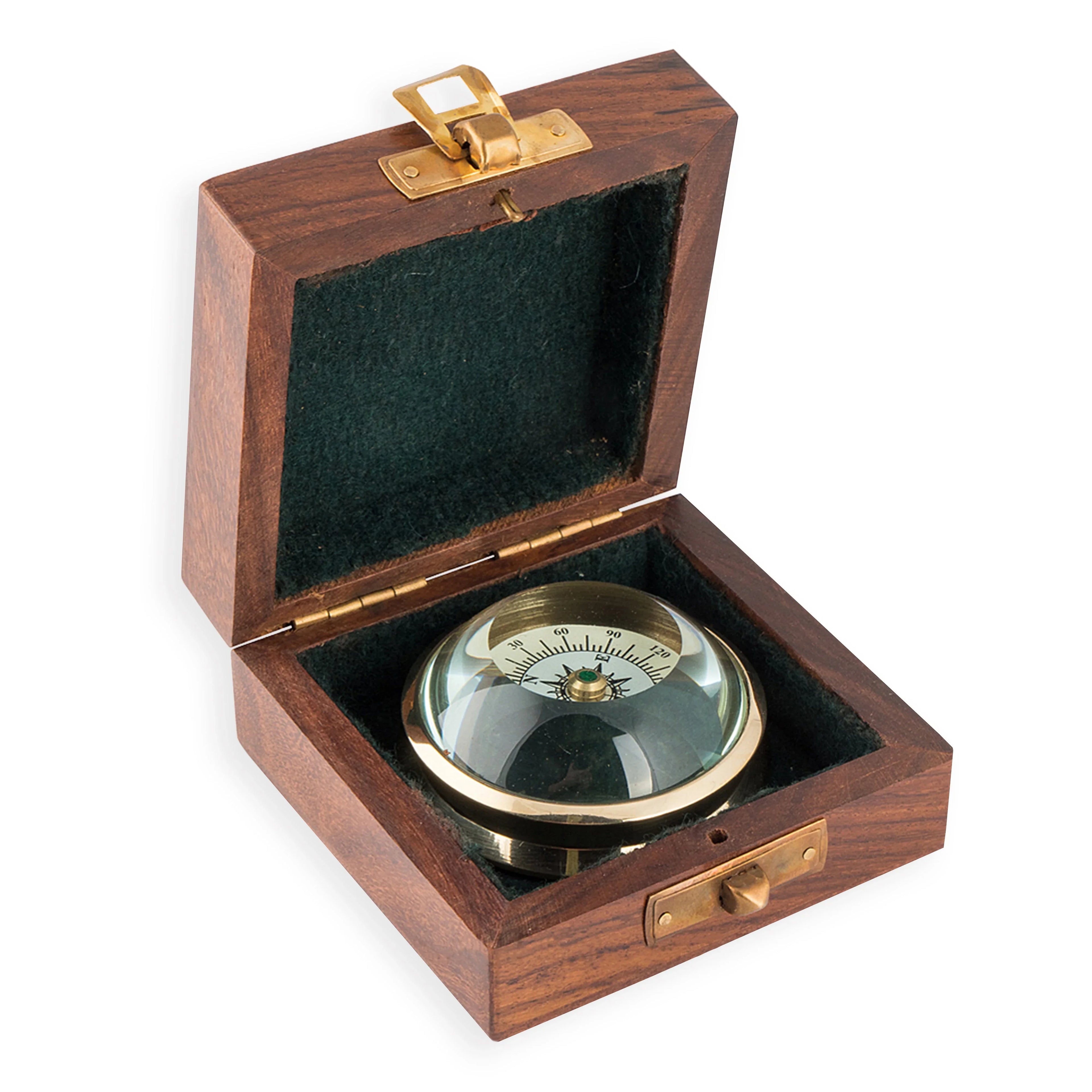 Brass compass with glass dome in open wooden box, nautical decor gift
