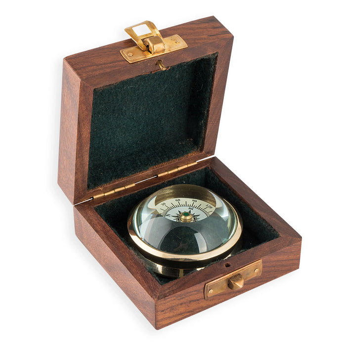 Brass compass with glass dome in open wooden box, nautical decor gift