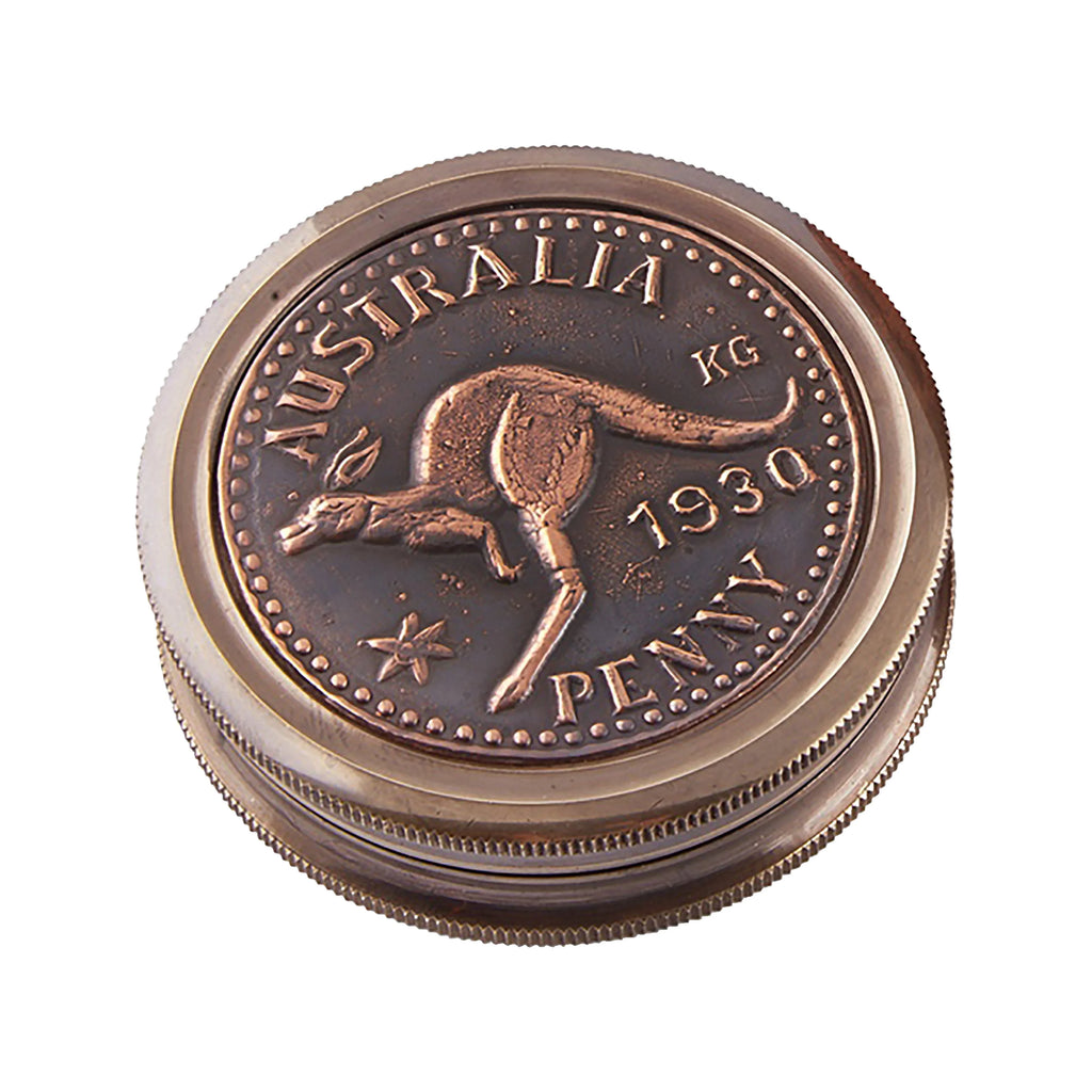 Round box with lid designed as a 1930 Australia penny featuring a kangaroo.