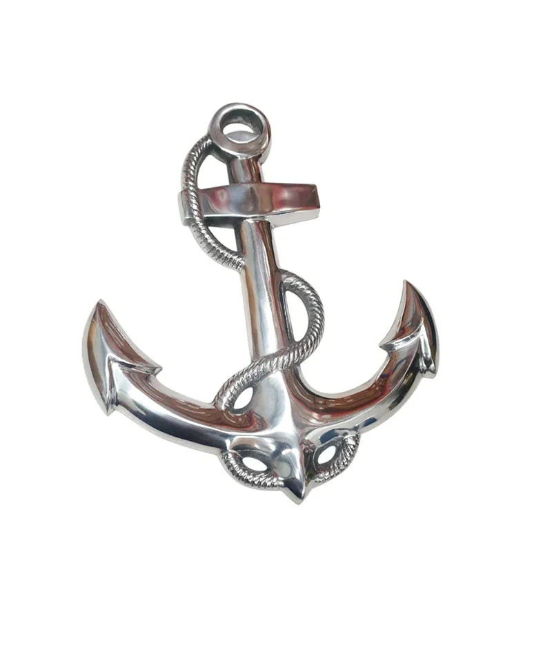 Polished chrome boat anchor decoration with rope detail on white background