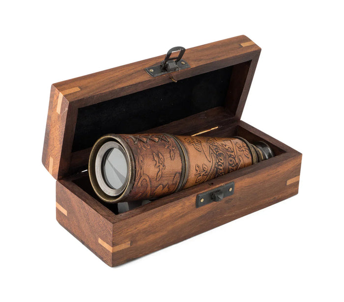 Vintage brass and leather telescope in wooden box, nautical decor gift