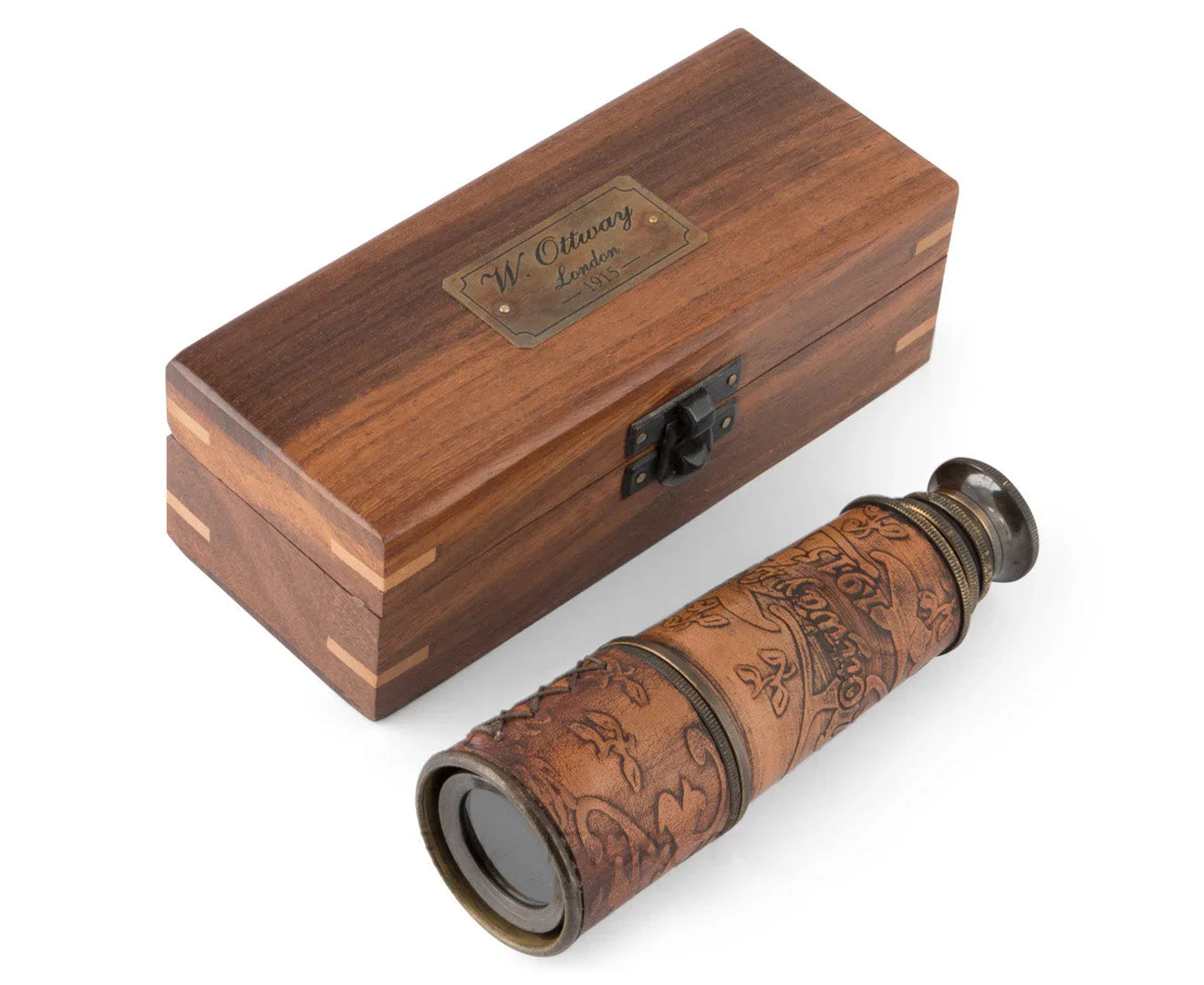 Vintage leather telescope with engraved pattern and wooden box labeled W. Ottway London 1915