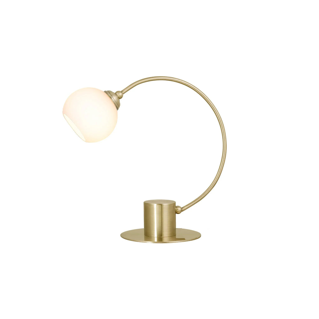 Modern brass desk lamp with arched arm and frosted glass globe shade on white background.