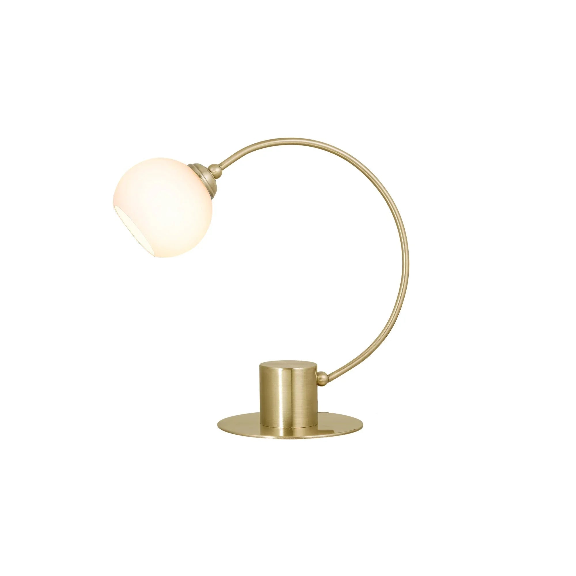 Modern brass desk lamp with arched arm and frosted glass globe shade on white background.