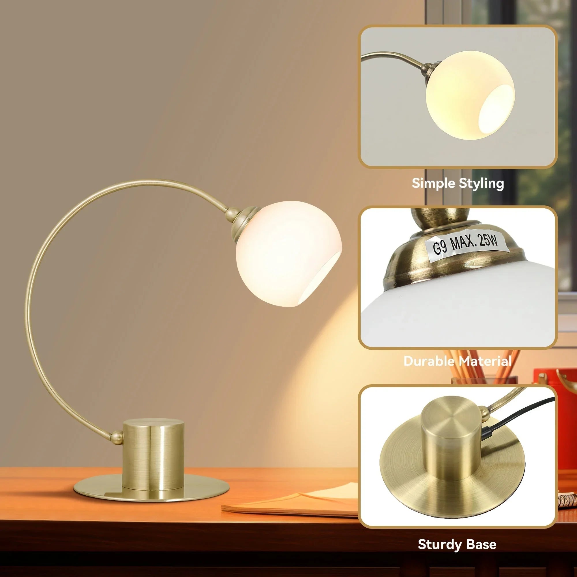 Modern brass desk lamp with frosted glass shade, sturdy base, and simple design features