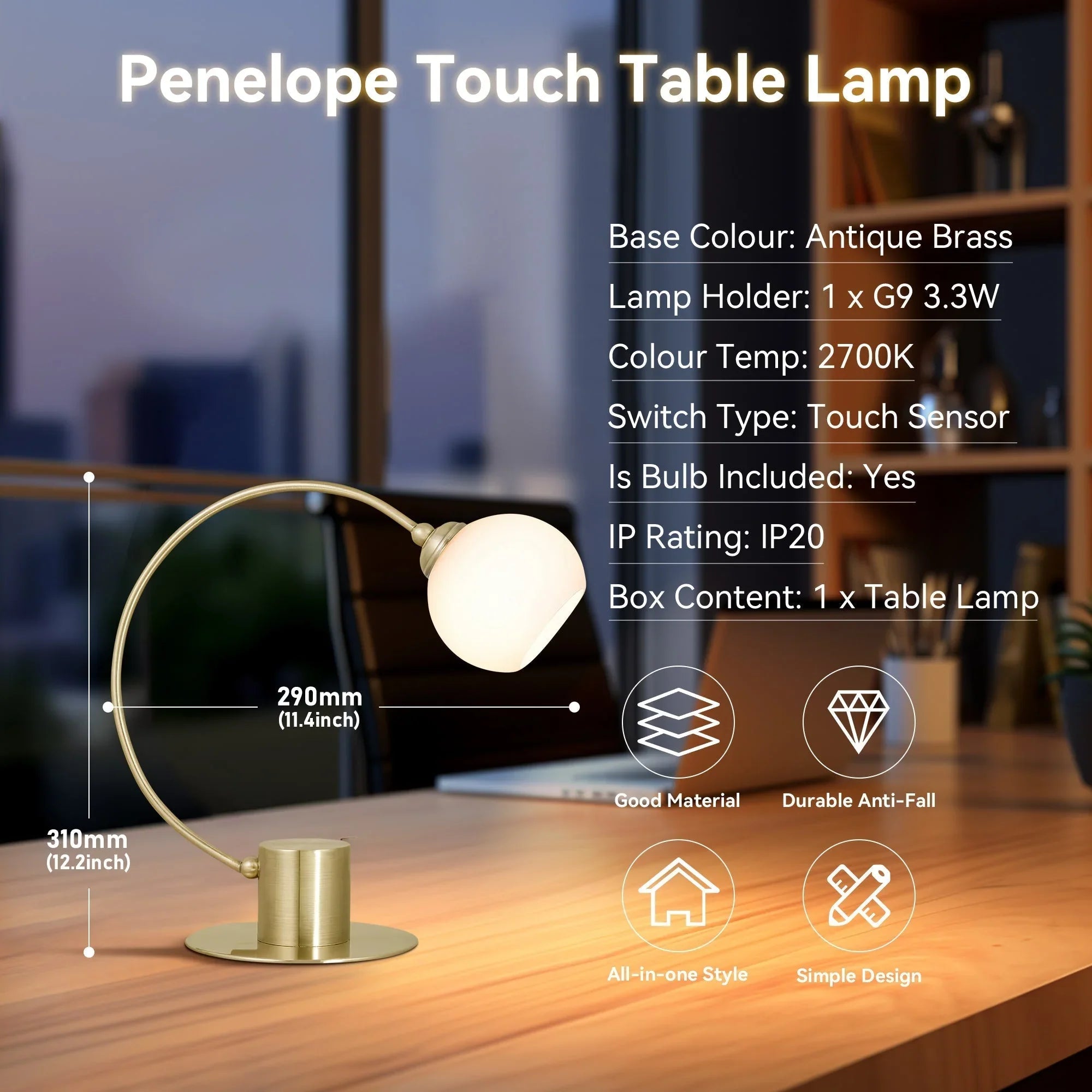 Penelope Touch Table Lamp in antique brass on desk, modern touch sensor, 2700K LED, home office