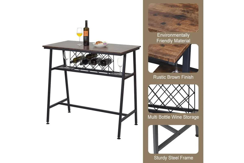 Viviendo Industrial Bar Table with Wine Storage - Rustic Brown 160cm