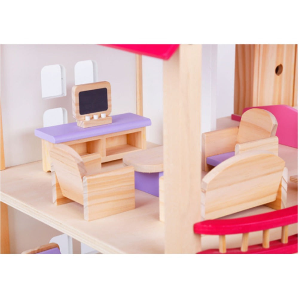 Wooden DIY Dolls Doll House 3 Level Kids Pretend Play Toys Full Furniture Set