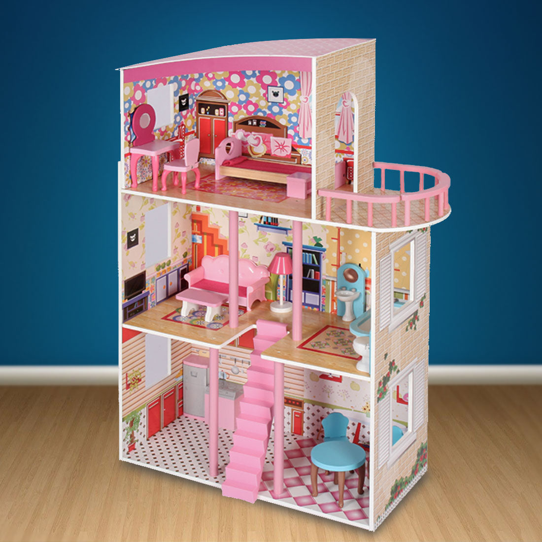 Large Wooden Girls Doll House 3 Level Kids Pretend Play Toys Furniture Dollhouse