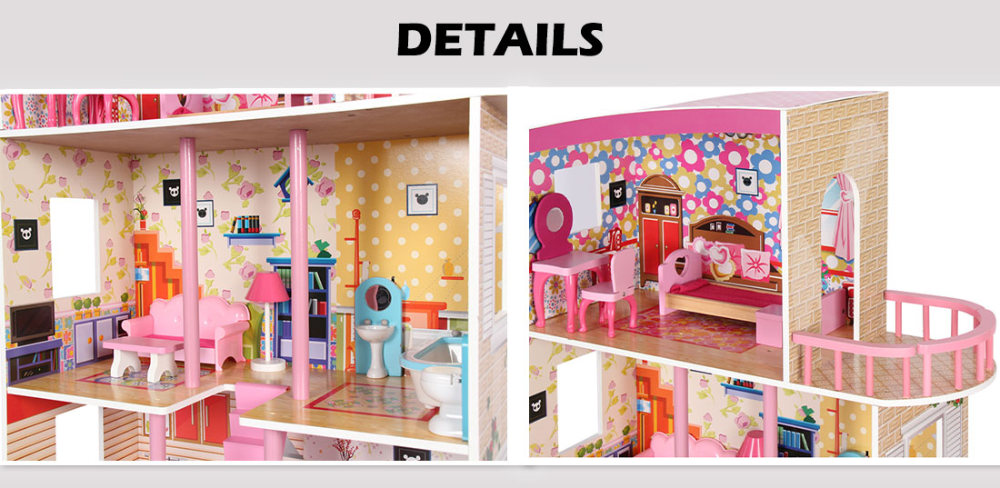 Large Wooden Girls Doll House 3 Level Kids Pretend Play Toys Furniture Dollhouse