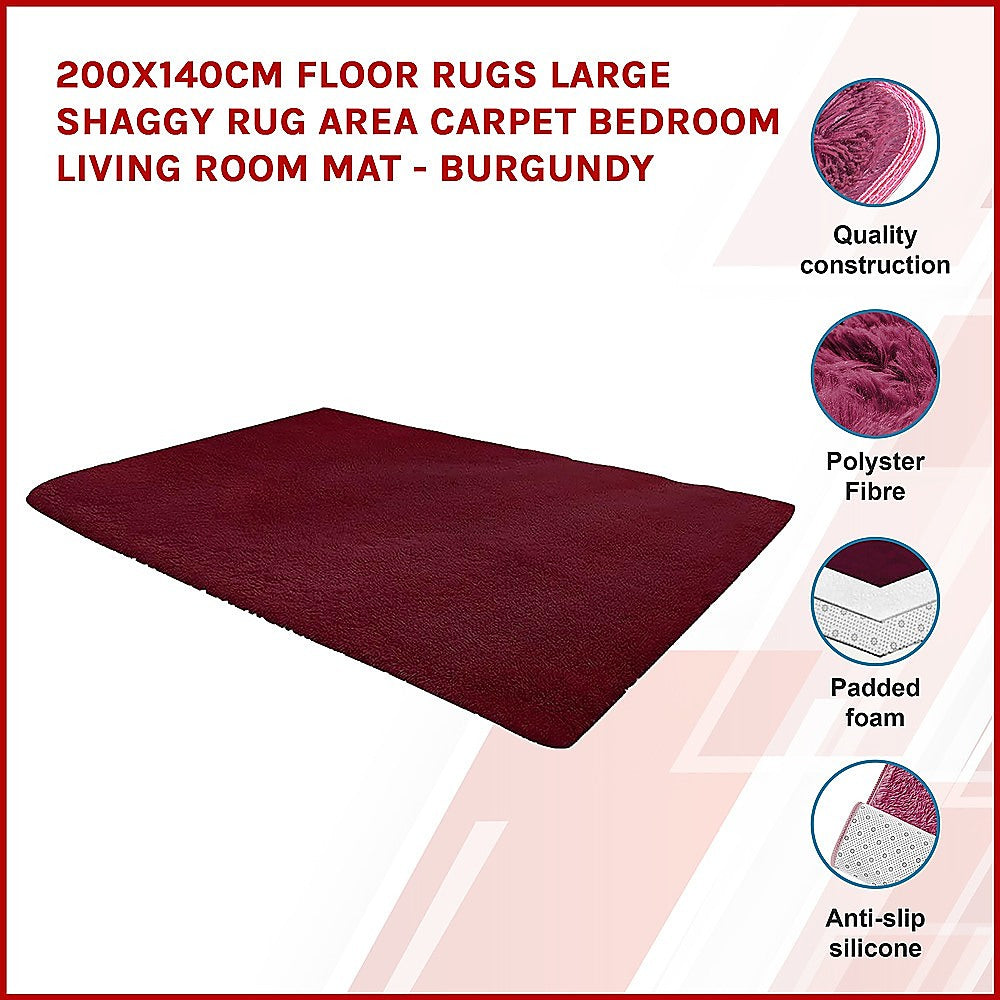 Okretro 200x140cm Floor Rugs Large Shaggy Rug Area Carpet Bedroom Living Room Mat - Burgundy