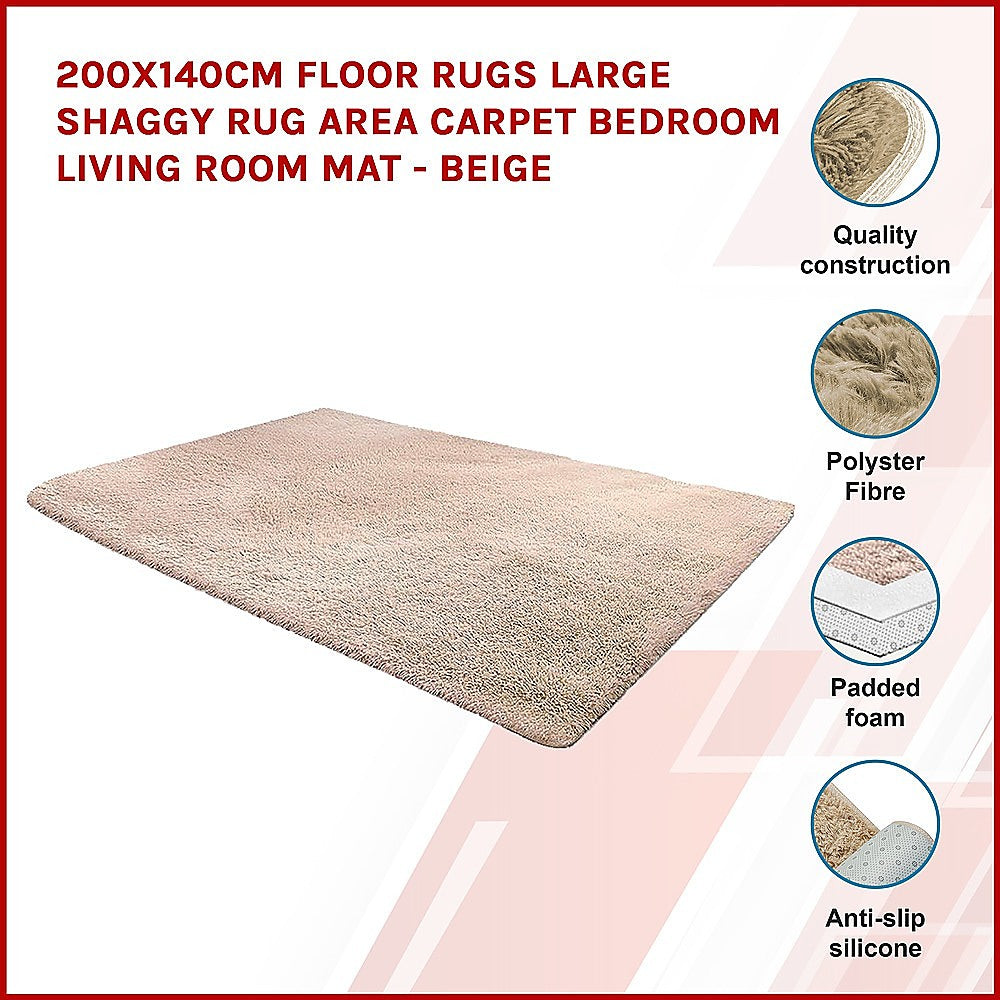 Okretro 200x140cm Floor Rugs Large Shaggy Rug Area Carpet Bedroom Living Room Mat - Beige