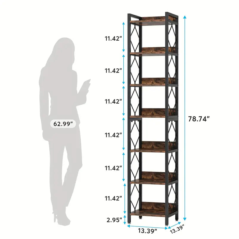 NNETMLT 78.7 Inch Extra Tall 7 Tier Skinny Bookcase, Rustic Brown