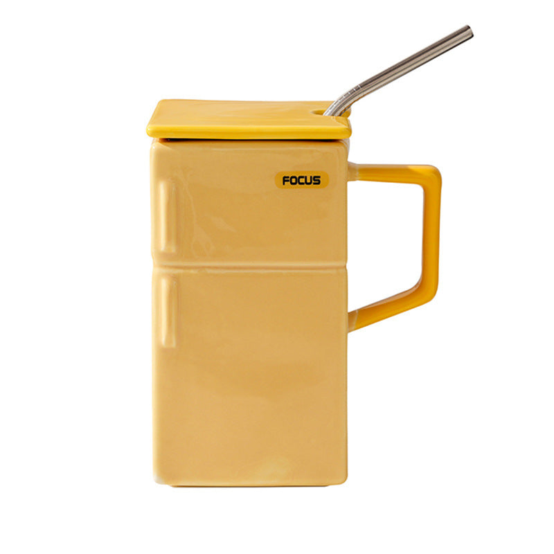 Yellow Ok Retro Refrigerator Ceramic Mug with Lid and Straw - 550ml Coffee Cup - Unique Gift for Couples or Office Use