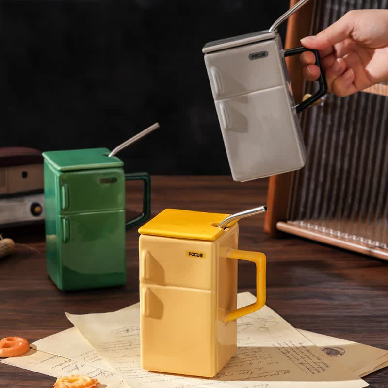 Yellow Ok Retro Refrigerator Ceramic Mug with Lid and Straw - 550ml Coffee Cup - Unique Gift for Couples or Office Use