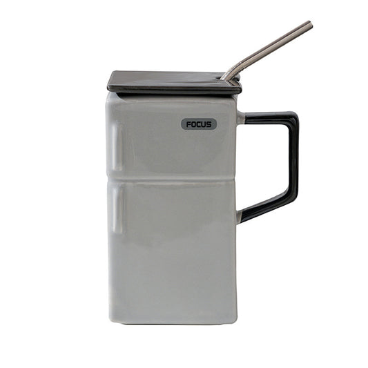 Grey Creative Retro Refrigerator Ceramic Mug with Lid and Straw - 550ml Coffee Cup - Unique Gift for Couples or Office Use