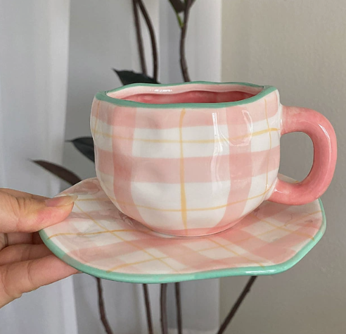 Pink Plaid 300ML Underglaze Hand-Pinched Cup and Saucer Set - Ceramic Coffee Mug Milk Cup Breakfast Set