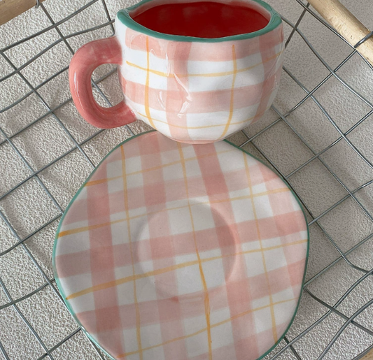 Pink Plaid 300ML Underglaze Hand-Pinched Cup and Saucer Set - Ceramic Coffee Mug Milk Cup Breakfast Set