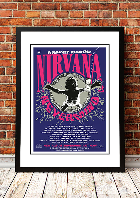 Nirvana 'Nevermind' Australian Tour Poster 1992 - Framed A3