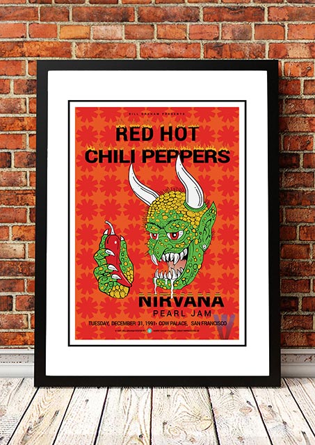 Vintage Red Hot Chili Peppers / Nirvana / Pearl Jam ‘Cow Palace’ USA Concert Poster 1991 - Framed A6