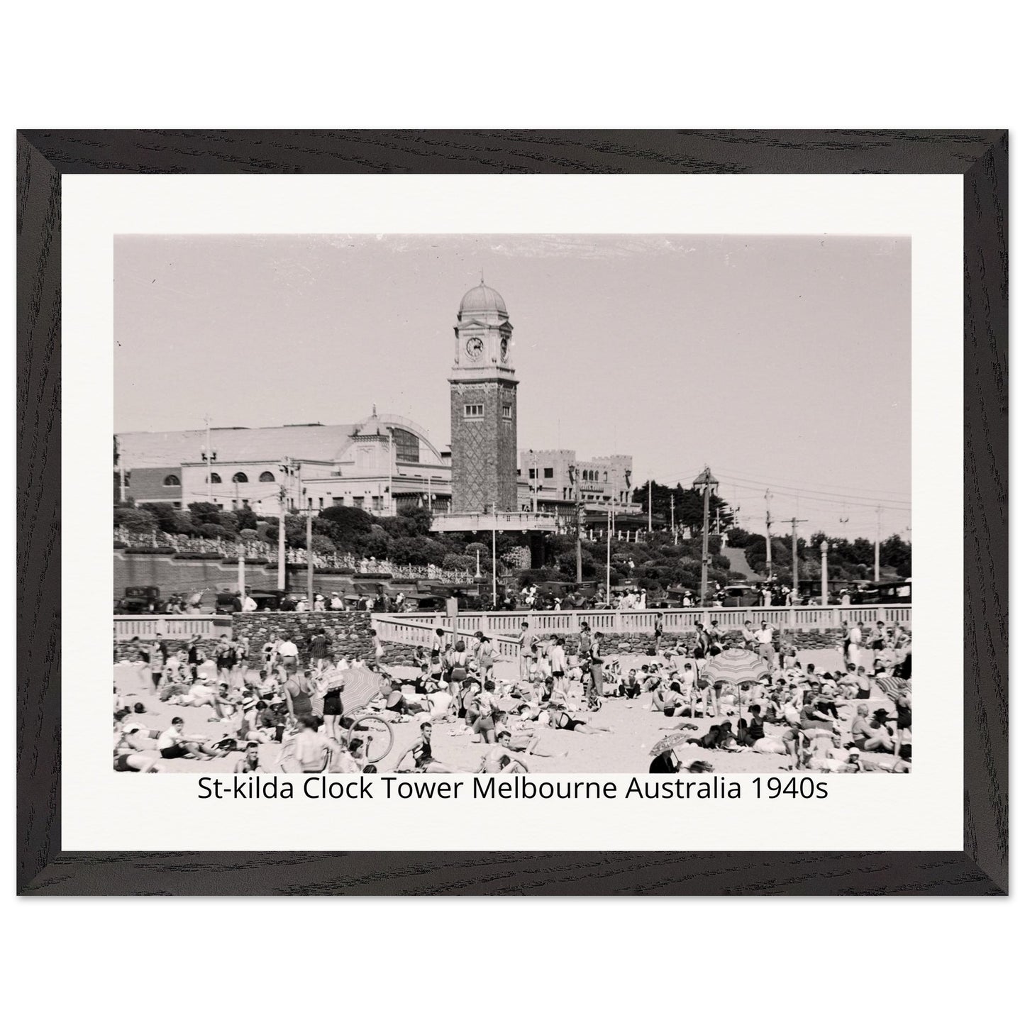 Black and white photo of St. Kilda Clock Tower in Melbourne, Australia from the 1940s, framed with a black border.
