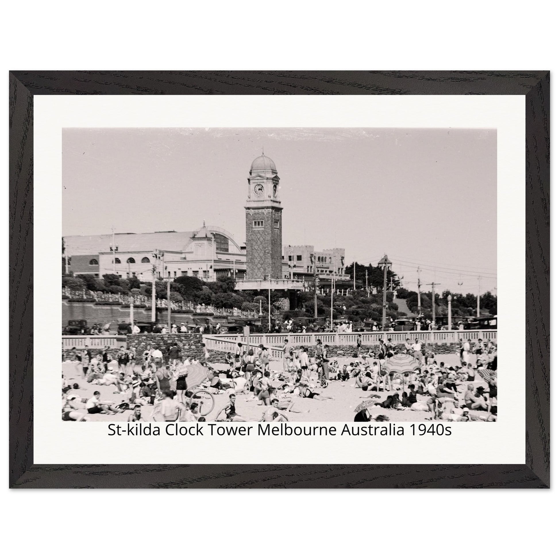 Black and white photo of St. Kilda Clock Tower in Melbourne, Australia from the 1940s, framed with a black border.
