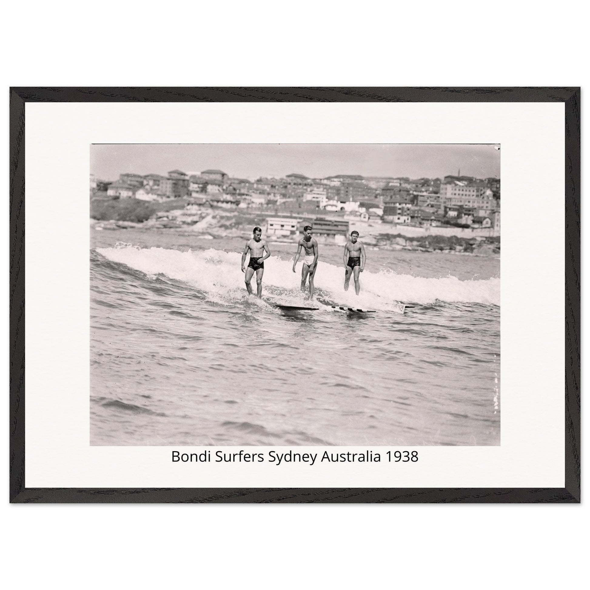 Black and white photo of surfers at Bondi Beach, Sydney, Australia in 1938.