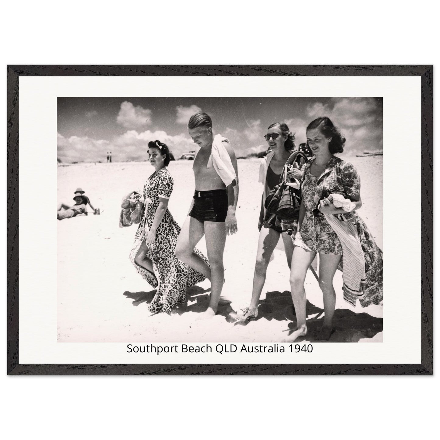Framed black and white photo of people on Southport Beach, QLD, Australia in 1940.