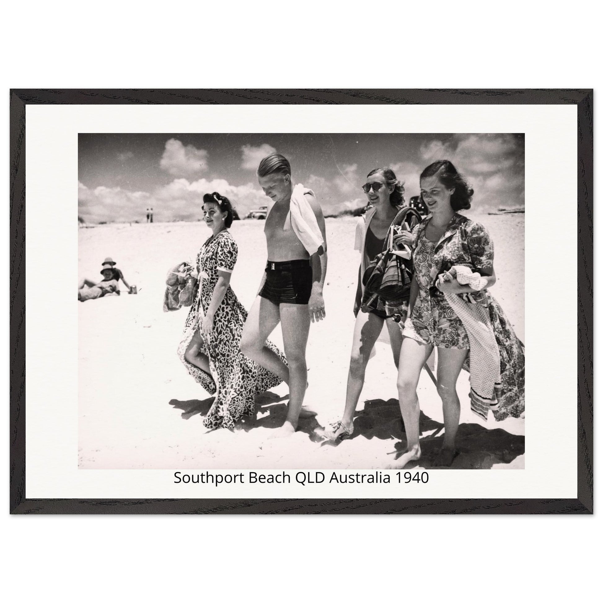 Framed black and white photo of people on Southport Beach, QLD, Australia in 1940.