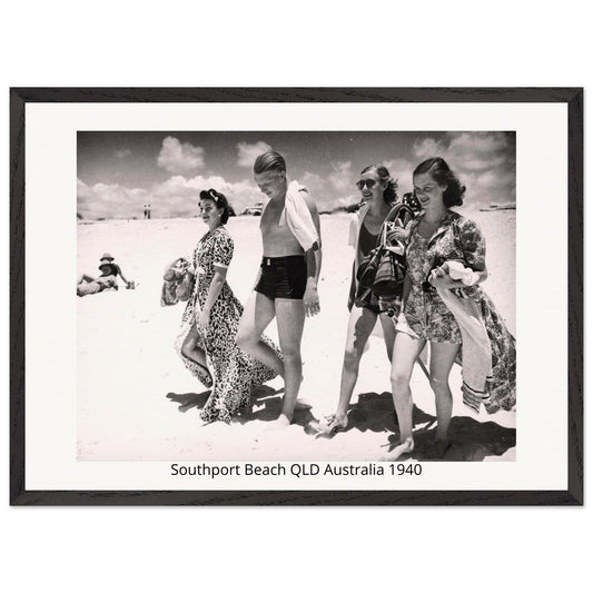 Framed black and white photo of people on Southport Beach, QLD, Australia in 1940.