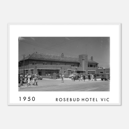 Rosebud Hotel, Rosebud VIC, 1950s Australian streetscape featuring the historic hotel and Point Nepean Road, restored archival photograph
